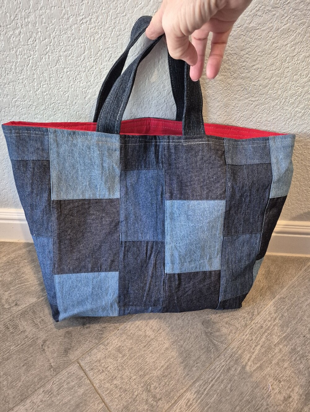 Patchwork Denim Tote Bag with Red Lining